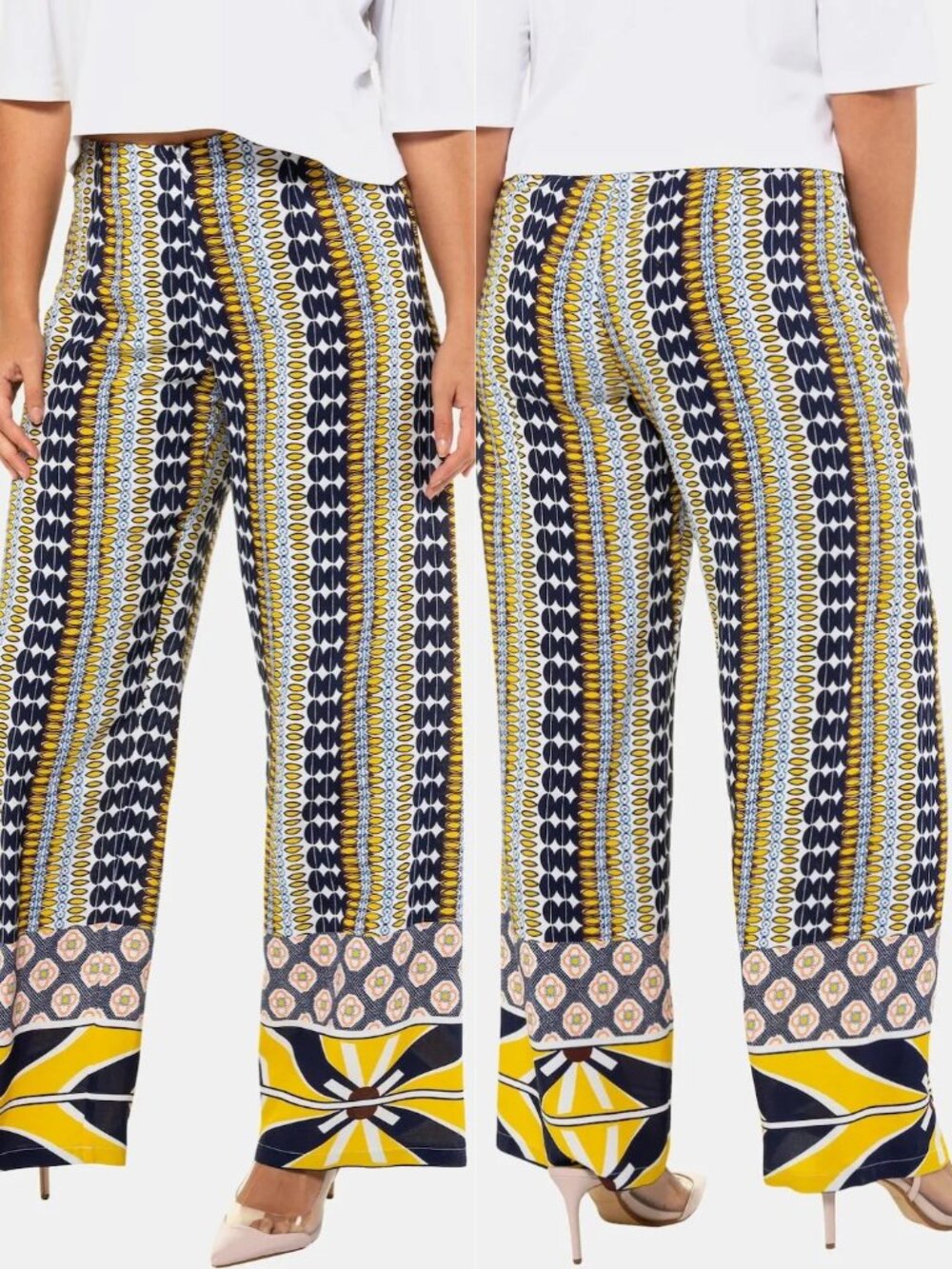 ULLA POPKEN Geometric Retro Wide Leg Flowy Pants Size 22 Boho Beachy Summer Chic